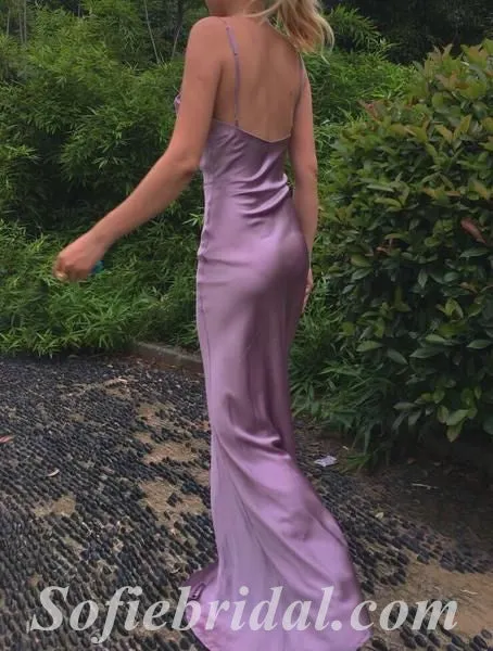 Sexy Soft Satin Spaghetti Straps Cowl Sleeveless Side Slit Mermaid Long Prom Dresses,SFPD0505