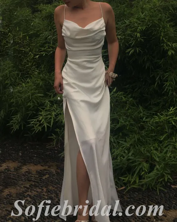 Sexy Soft Satin Spaghetti Straps Cowl Sleeveless Side Slit Mermaid Long Prom Dresses,SFPD0505