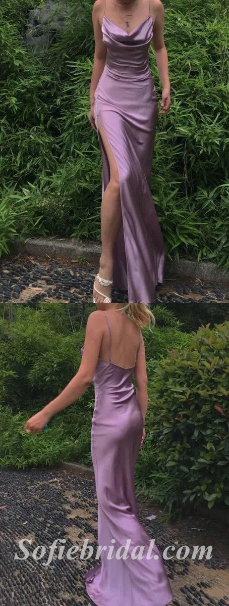 Sexy Soft Satin Spaghetti Straps Cowl Sleeveless Side Slit Mermaid Long Prom Dresses,SFPD0505