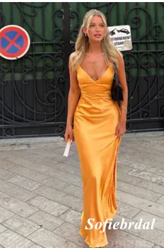 Sexy Soft Satin Spaghetti Straps V-Neck Sleeveless Mermaid Long Prom Dresses, PD01004