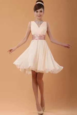 Simple Cheap Chiffon Cute V-neck High Low Homecoming Dress K69