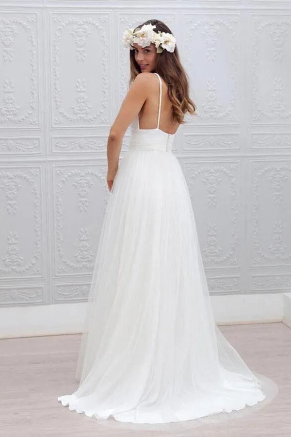 Simple V-neck Sleeveless Floor-Length Open Back White Wedding Dress TN0042