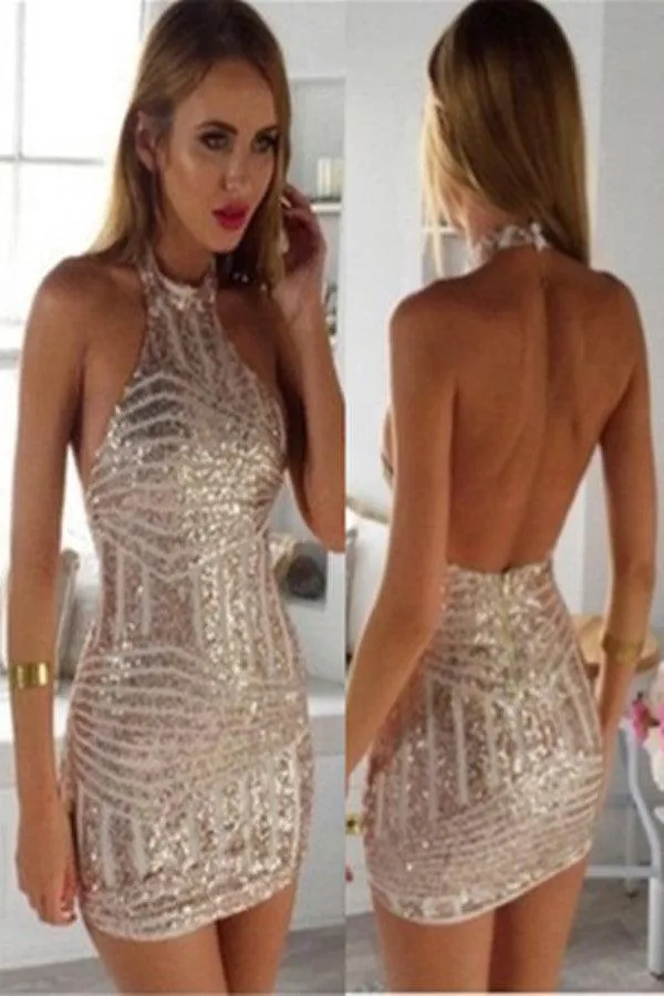 Sleeveless Open Back Tight Short Rose Gold Homecoming Dress with Sequins TR0055
