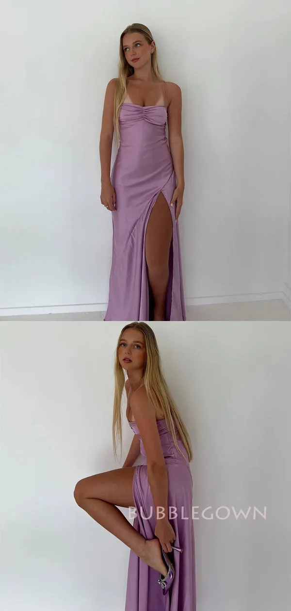 Spaghetti Straps Lilac Satin Mermaid Long Prom Dresses, BGS0501
