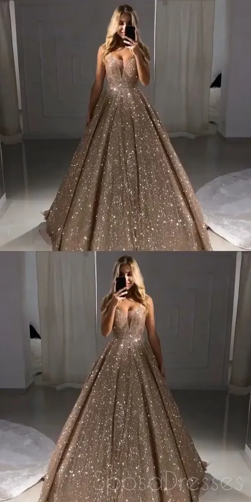 V Neck Sparkly Sequin A-line Long Evening Prom Dresses With Pockets, Cheap Custom Party Prom Dresses, 18606