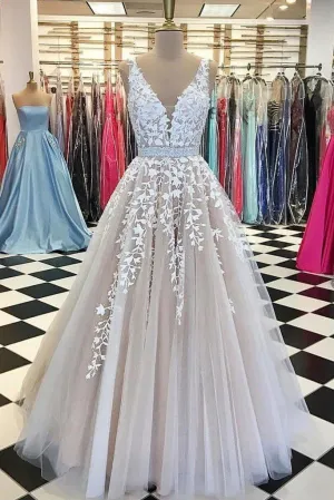 V neck Tulle Lace Long Wedding Dress,Tulle Ball Gown Prom Dress With Appliques TN155
