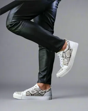 White Leather And Snack Pattern Leather Low Top Lace Up Sneakers With White Sole - Sneaker Shoes