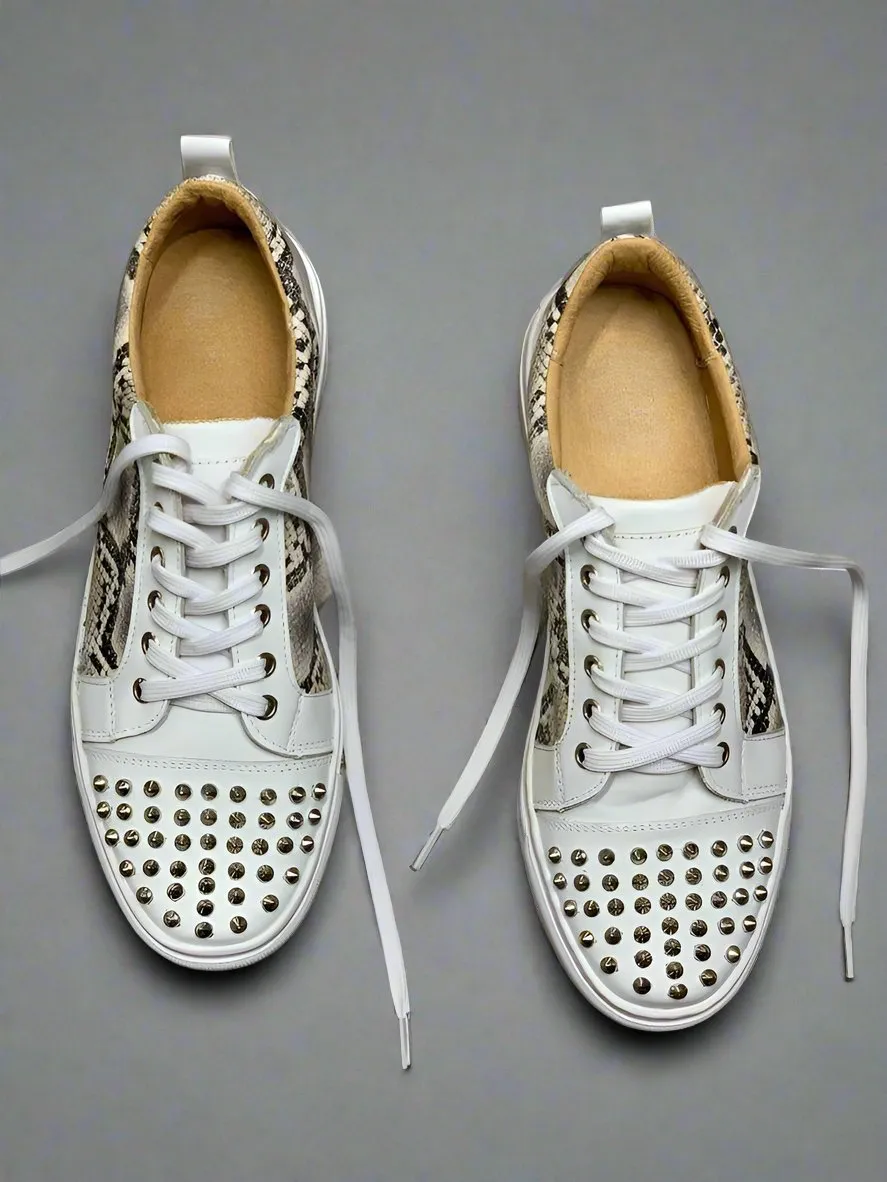 White Leather And Snack Pattern Leather Low Top Lace Up Sneakers With White Sole - Sneaker Shoes
