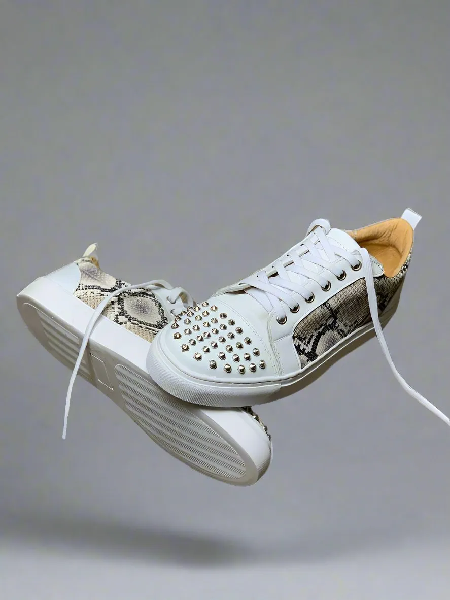 White Leather And Snack Pattern Leather Low Top Lace Up Sneakers With White Sole - Sneaker Shoes