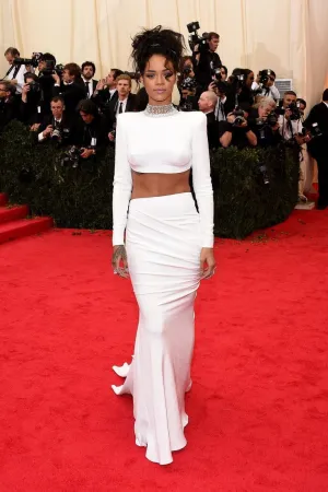 White Rihanna Sheath Two Piece Long Sleeves Dress High Neck Tight Prom Celebrity Red Carpet Evening Dress Met Gala